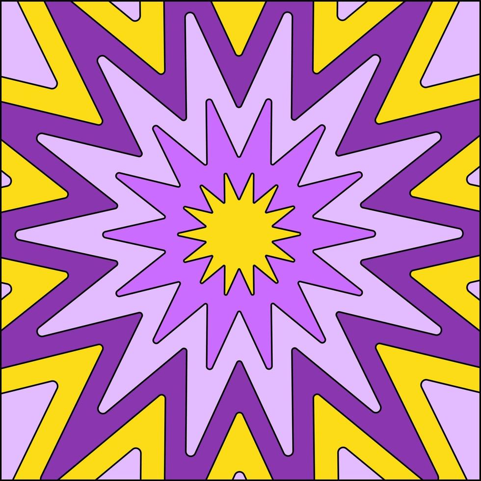 Colorful square retro background in yellow purple colors. Abstract psychedelic vector background. Star tunnel in style 60s, 70s