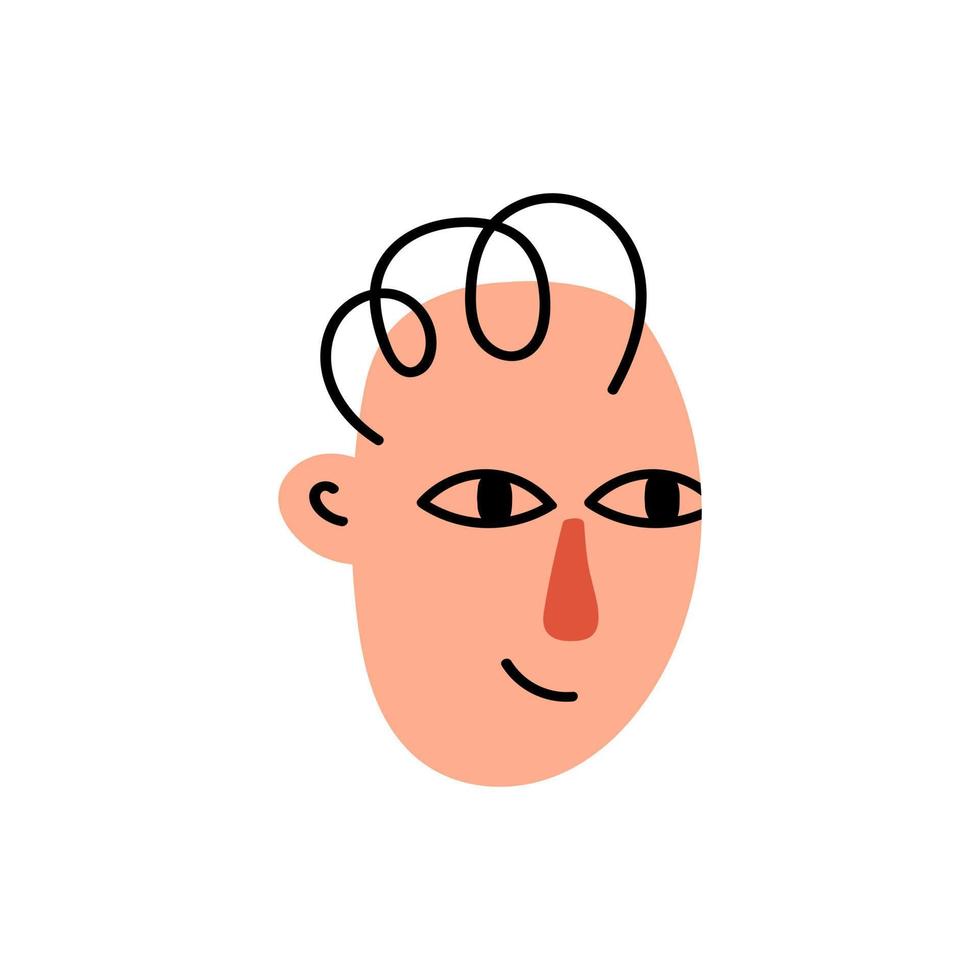 personaje de cara de niño con pelos ondulados aislado sobre fondo blanco. cabeza de dibujos animados divertidos de moda. avatar de gente colorida. ilustración vectorial vector