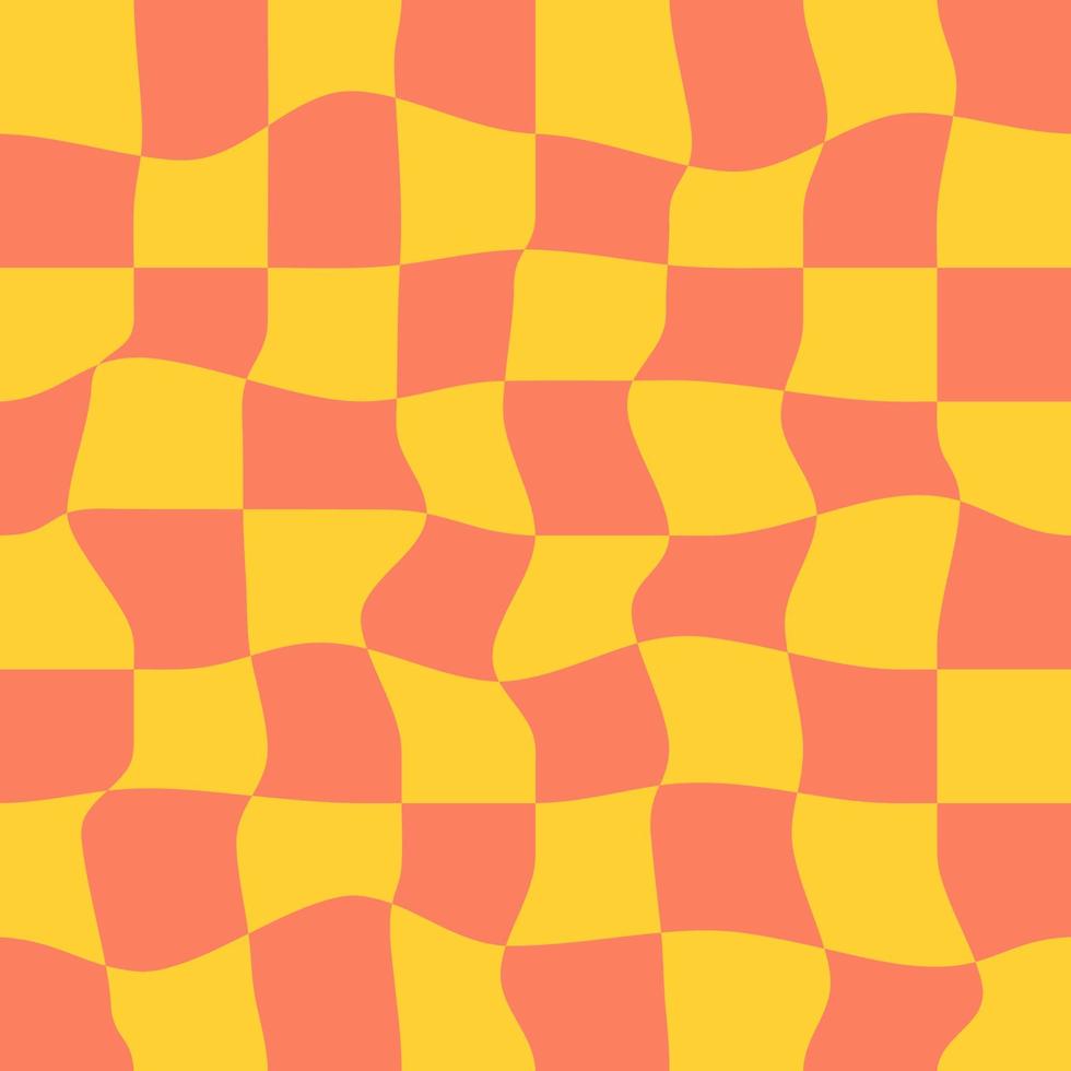 Twisted checkered colorful background. Abstract vector pattern. Retro wavy psychedelic checkerboard