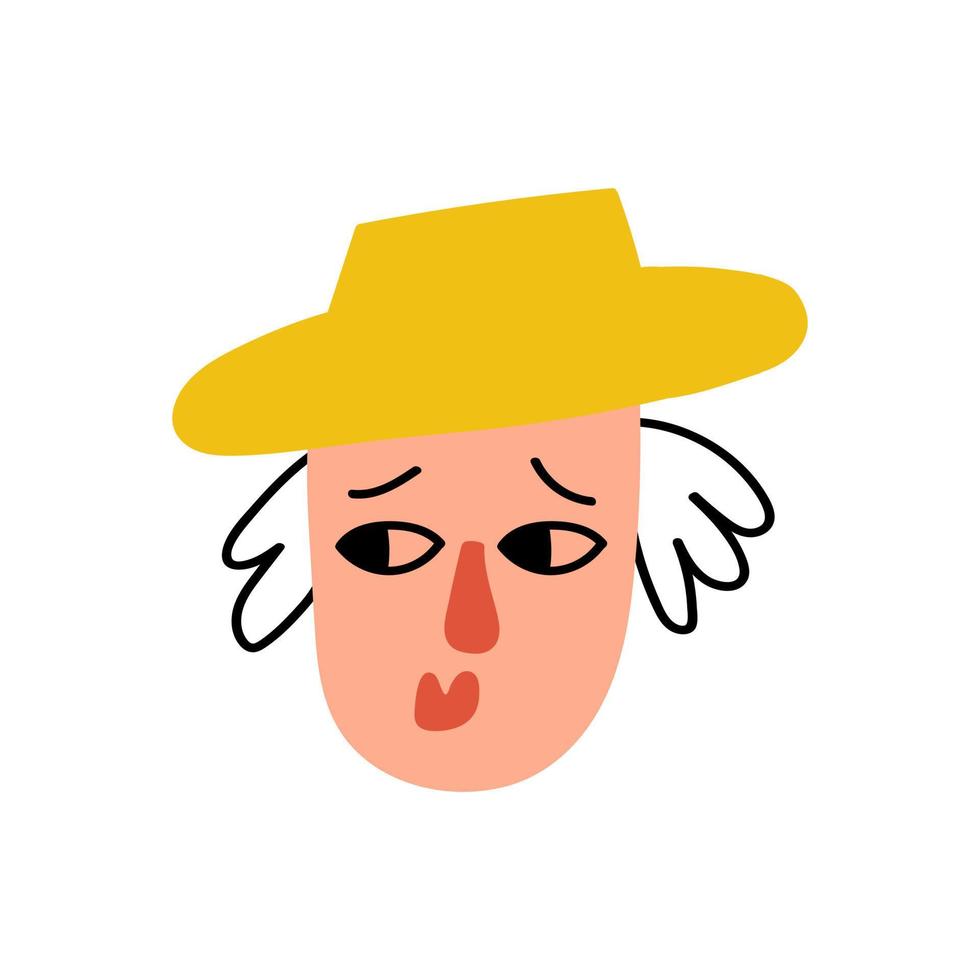 Hand drawn face of a young woman character wearing a hat isolated on a white background. Trendy funny cartoon female head. Colorful people avatar. Vector illustration