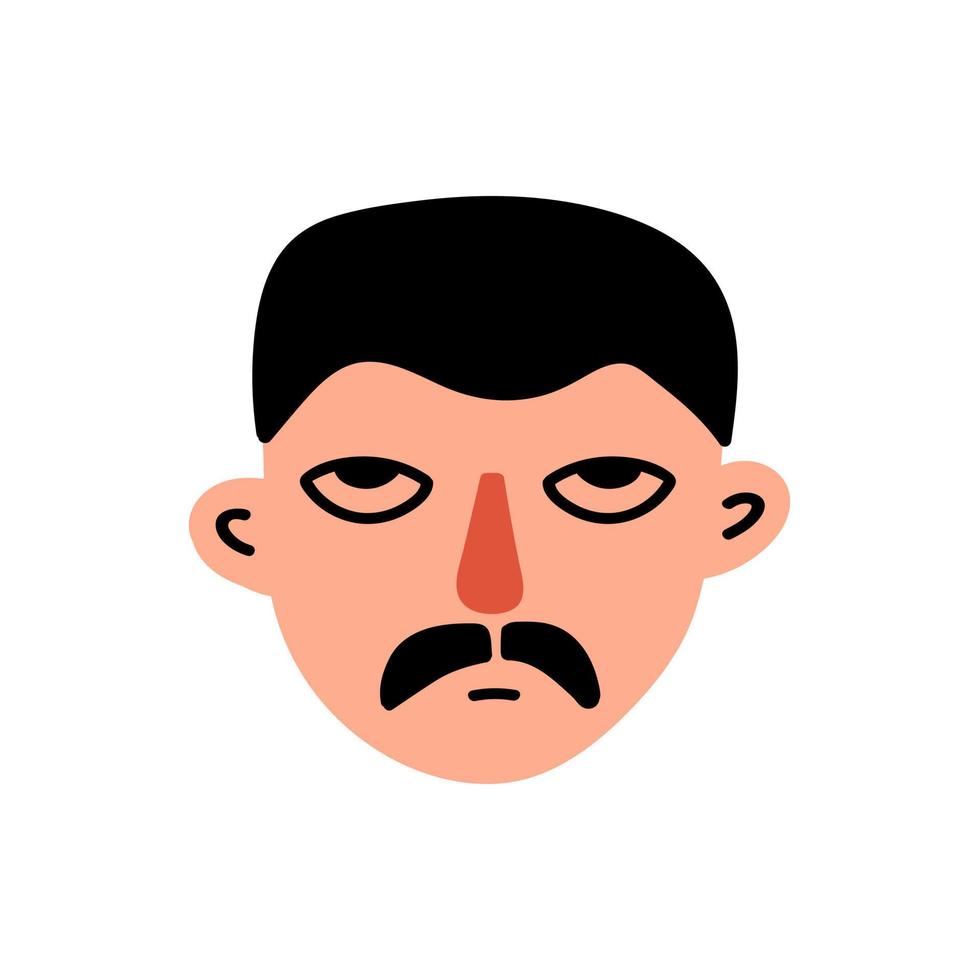 Character face adult serious man with mustache isolated on white background. Trendy funny cartoon man head. Colorful people avatar. Vector illustration