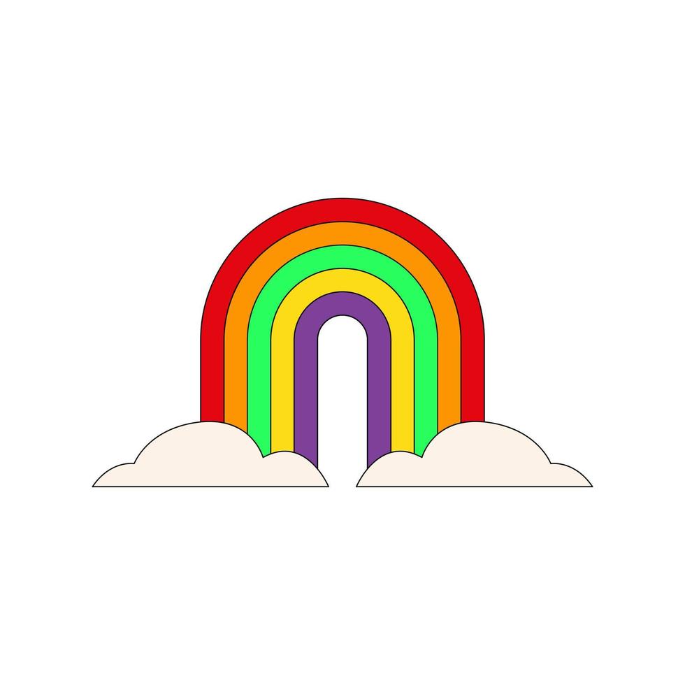 Bright colorful rainbow with clouds in hippie style isolated on a white background. Trendy vector illustration