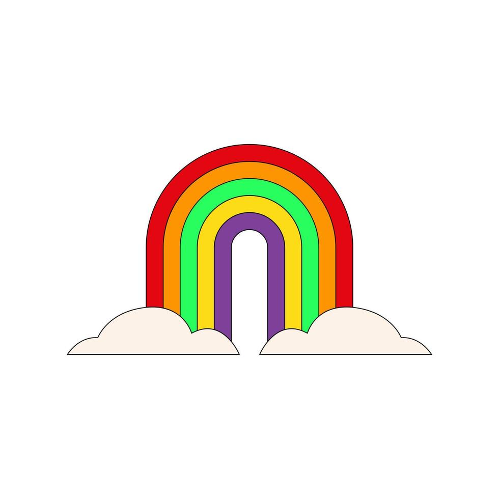 Bright colorful rainbow with clouds in hippie style isolated on a white background. Trendy vector illustration