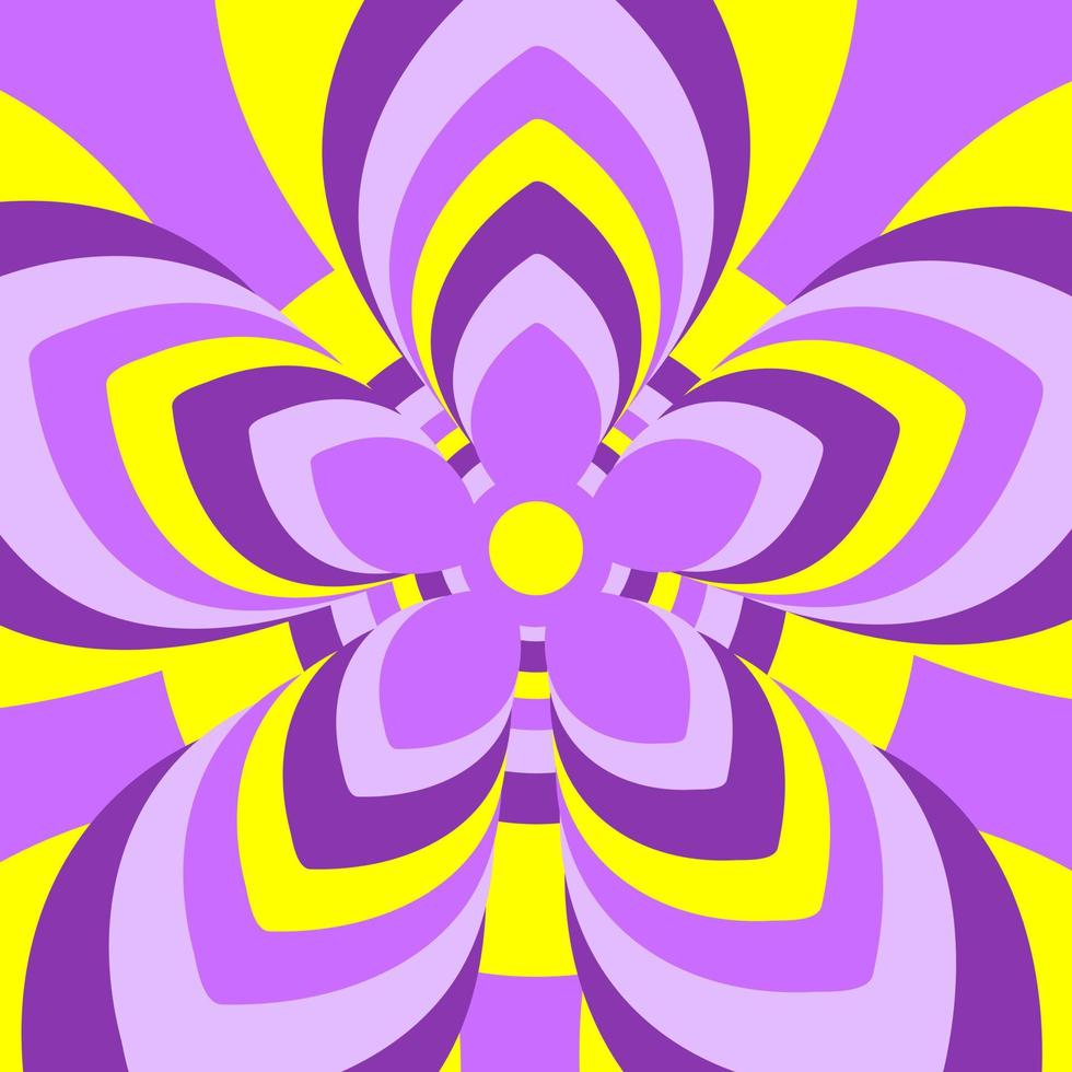 Colorful retro background in yellow and purple colors. Abstract psychedelic vector background. Flower tunnel in style 70, 80s