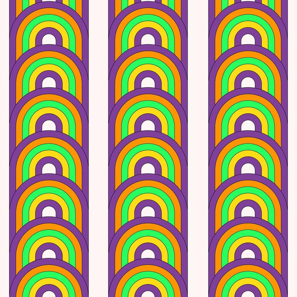Abstract geometric seamless pattern with colorful rainbow stripes in retro style 70s, 80s. Acid colors. Modern vector illustration