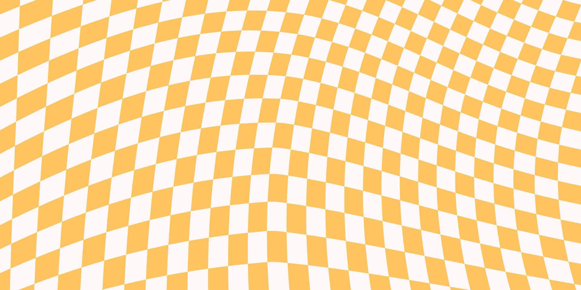 Checkered horizontal background with distorted yellow and white squares. Trendy abstract banner with distortion. Vector illustration