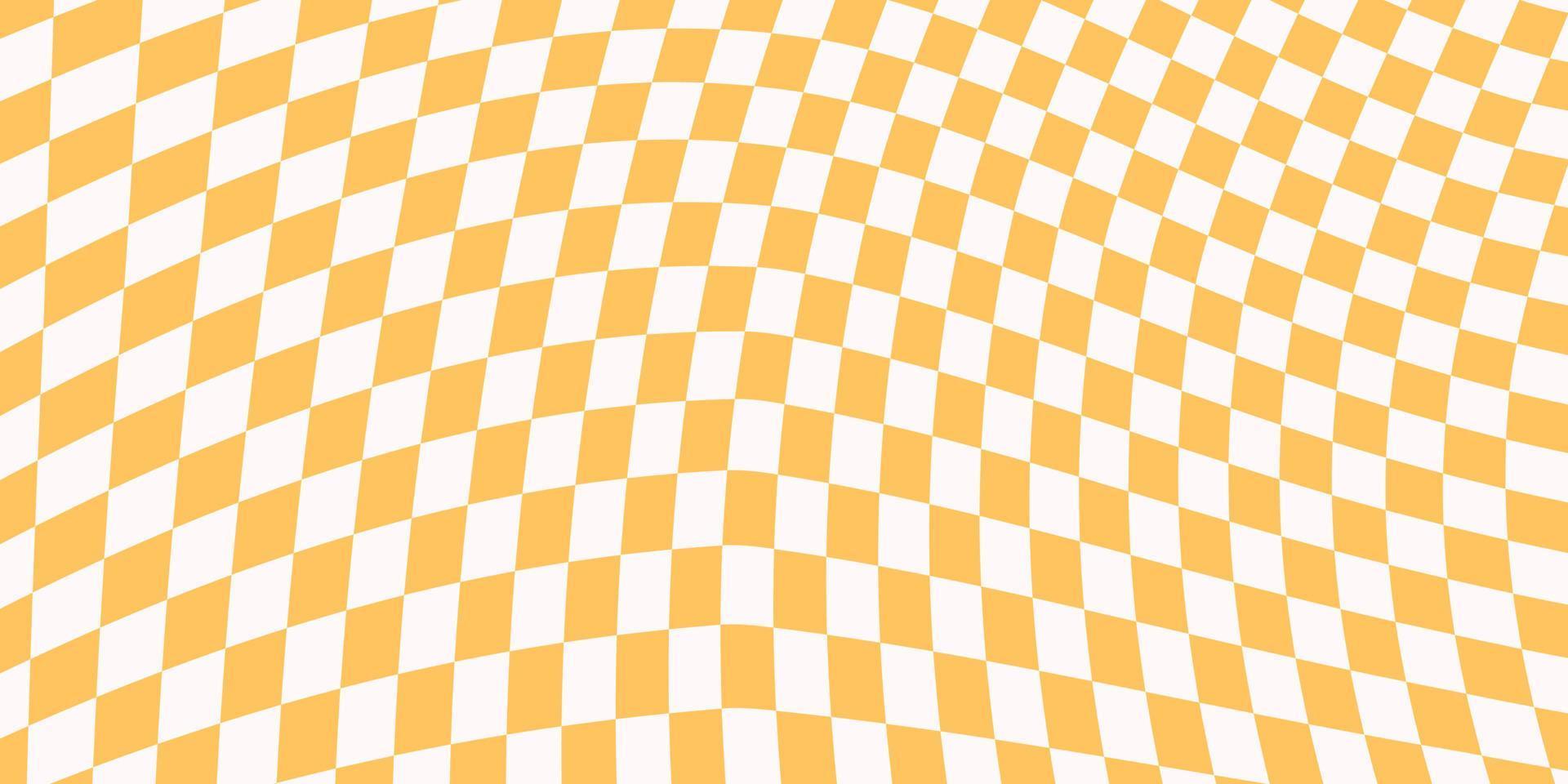 Checkered horizontal background with distorted yellow and white squares. Trendy abstract banner with distortion. Vector illustration