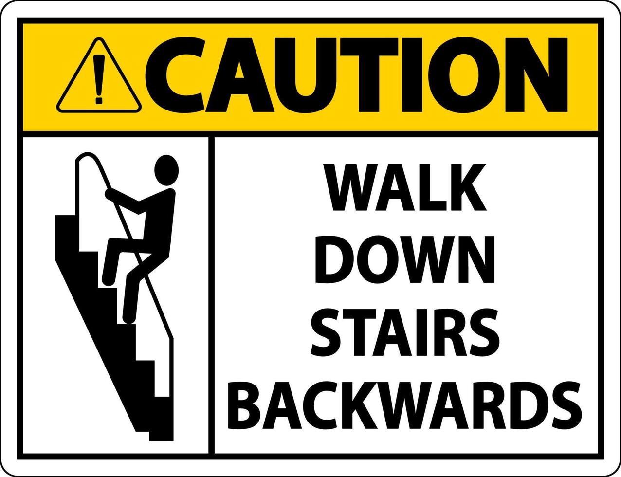Precaución caminar por las escaleras hacia atrás firmar vector