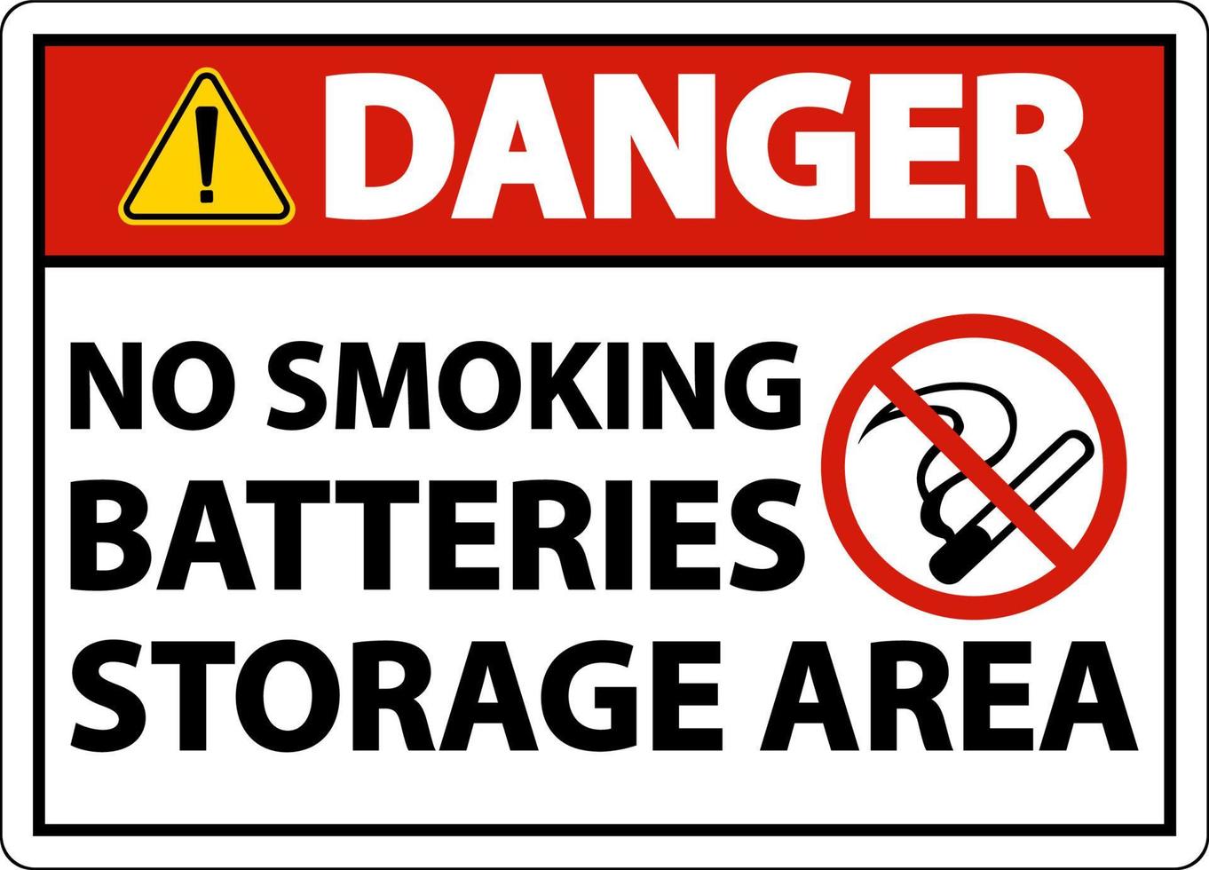 peligro no fumar área de almacenamiento de la batería firmar sobre fondo blanco vector