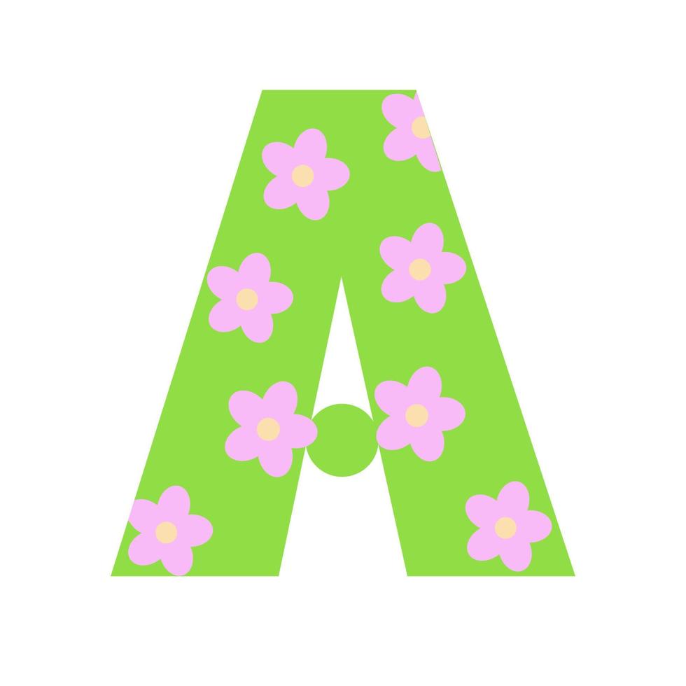 capital verde brillante decorado con flores de primavera letra dibujada a mano a del alfabeto inglés ilustración de vector de estilo de dibujos animados simple, abc caligráfico, escritura graciosa linda, garabato y letras