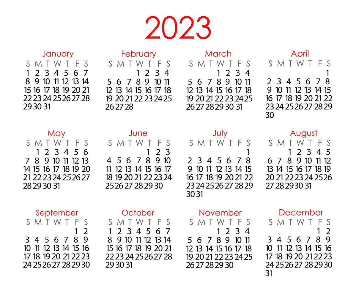 Calendar template for the year 2023 in simple minimalist style, week starts on Sunday, vector printable page