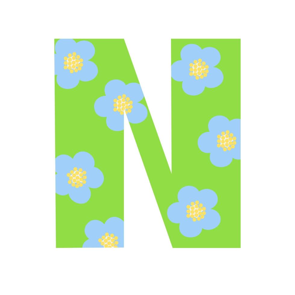 Capital bright green decorated with spring flowers hand drawn letter N of English alphabet simple cartoon style vector illustration, calligraphic abc, cute funny handwriting, doodle and lettering