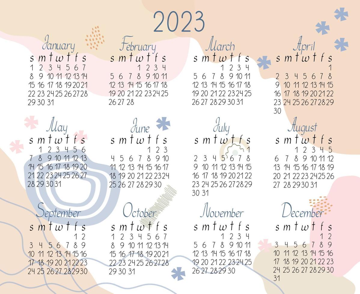 Calendar template for the year 2023 in simple minimalist style