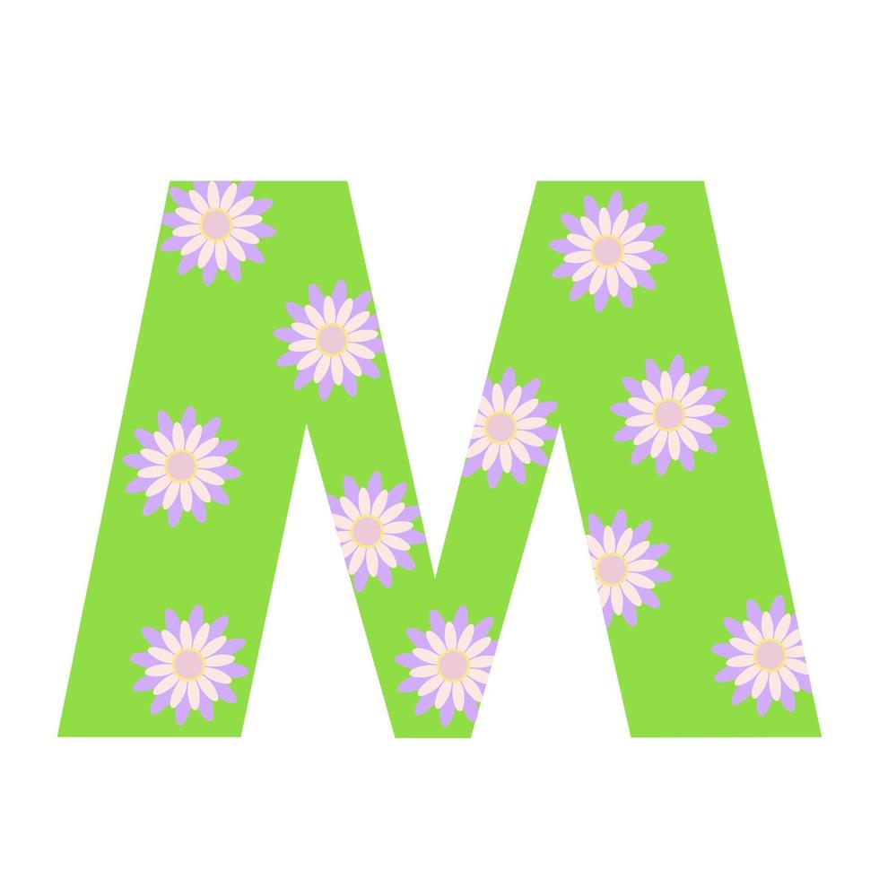 capital verde brillante decorado con flores de primavera letra m dibujada a mano del alfabeto inglés ilustración de vector de estilo de dibujos animados simple, abc caligráfico, escritura graciosa linda, garabato y letras
