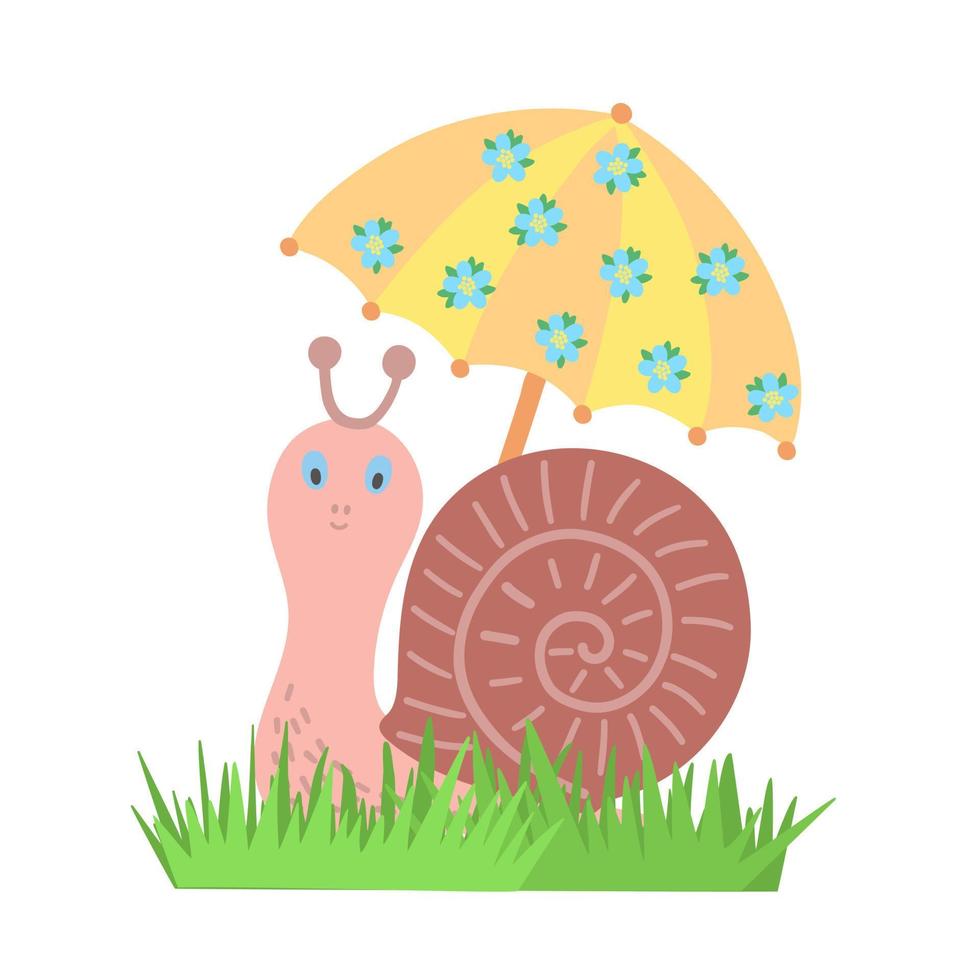 Cute snail with yellow floral decorated umbrella simple flat cartoon vector illustration, wild animal funny character for kids design, nursery, poster, greeting card