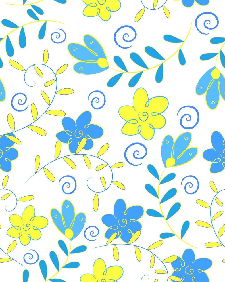 Pattern with blue-yellow flowers and leafs vector