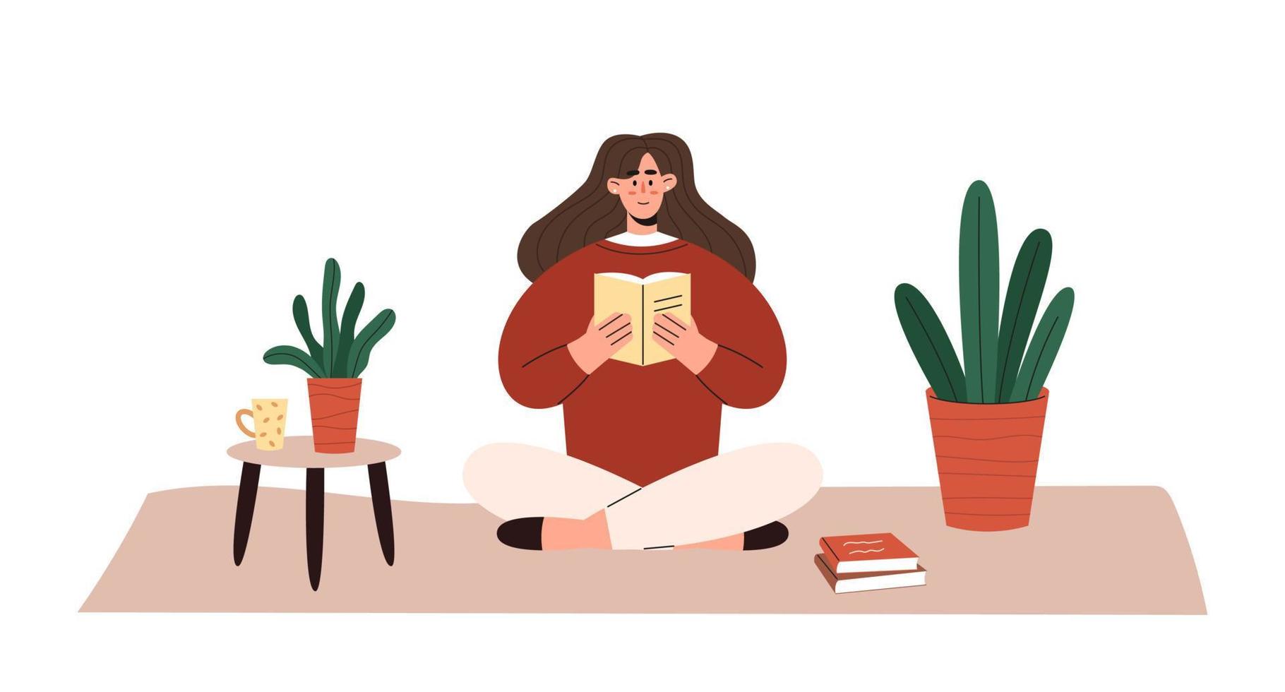Woman sitting on a floor and reading a book vector
