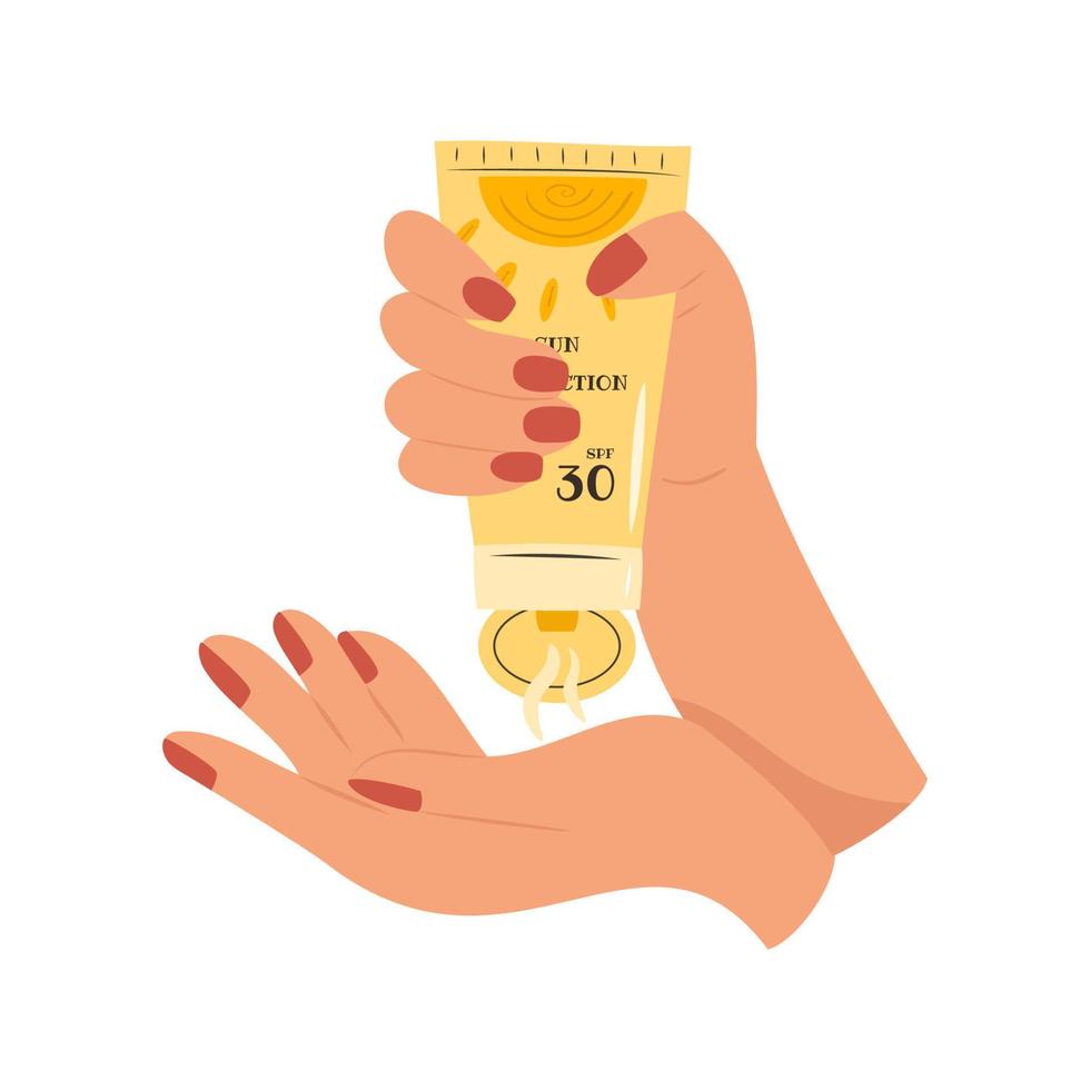 Female hand squeezes sunscreen onto her other hand vector