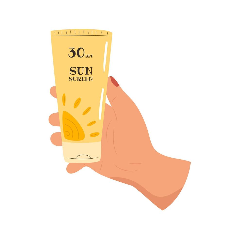 Female hand holding sunscreen tube vector