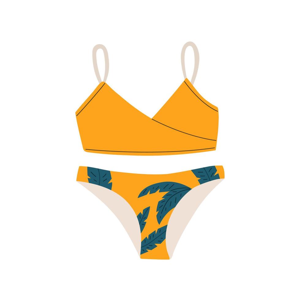 traje de baño bikini naranja con hojas de palma vector