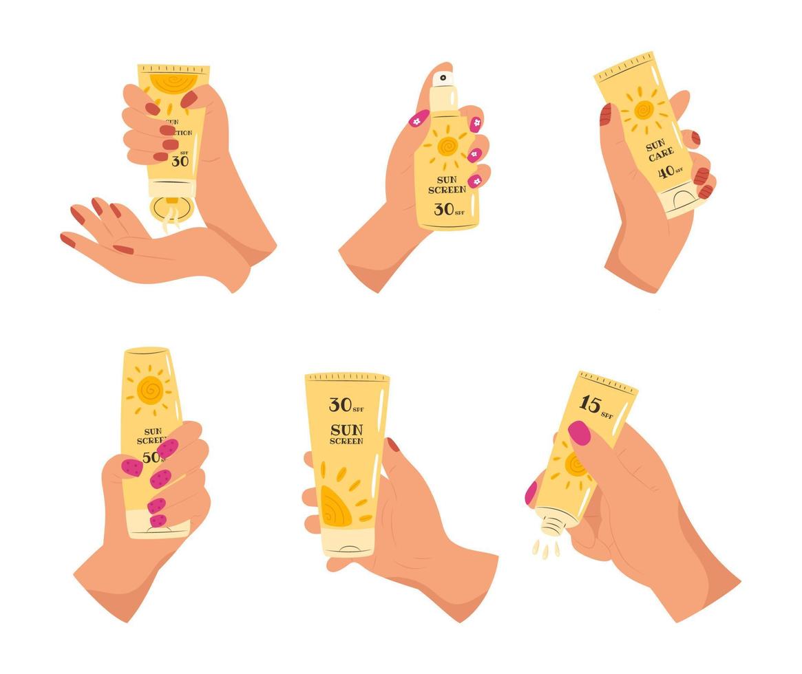 Set of hands holding lotion tubes vector