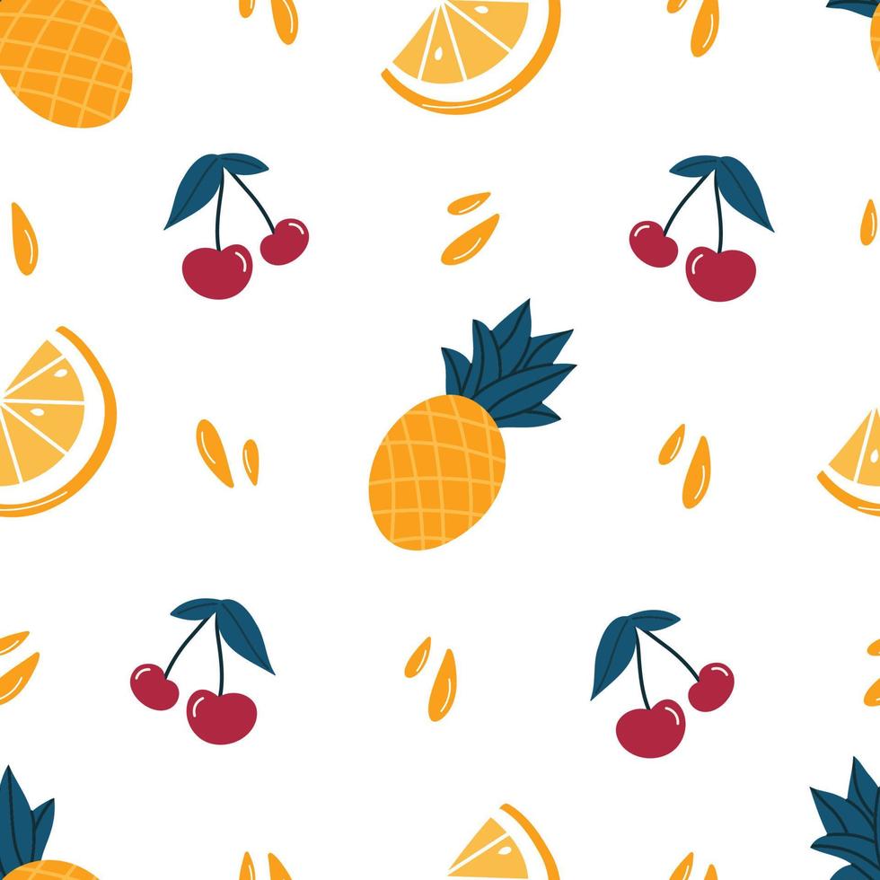 patrón tropical con piñas, cerezas, naranjas vector