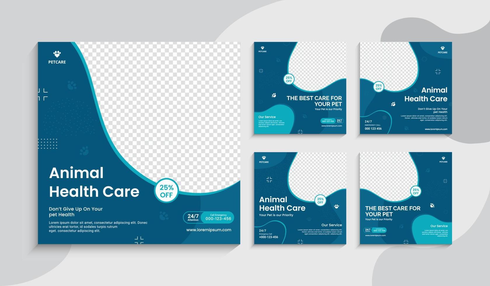 Animal Health care and Social media design set template. Promotion social media design for live business workshop. Social media for the pet care. Pet clinic social media pet service vector layout.