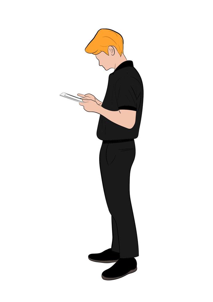 Graphics Drawing Businessman standing and using smartphone for connection online technology vector illustration