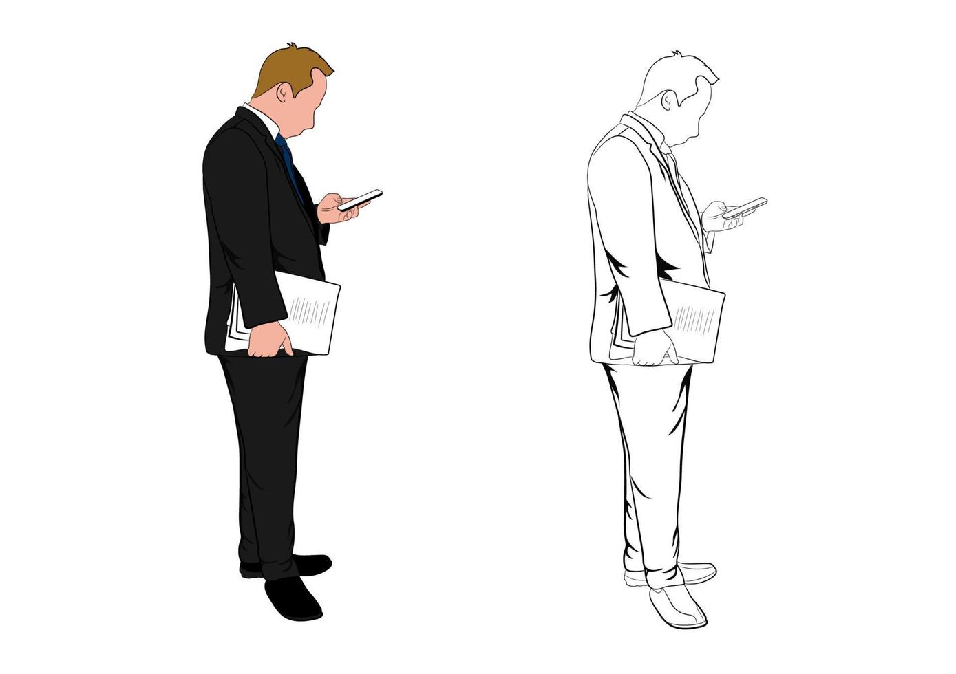 empresario de dibujo gráfico de pie y usando un teléfono inteligente para la ilustración de vector de tecnología en línea de conexión