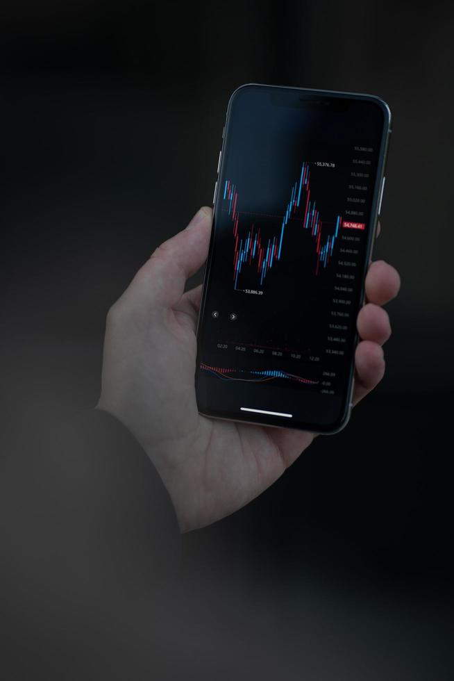 Male hand holding smartphone with financial forex graph chart on screen photo