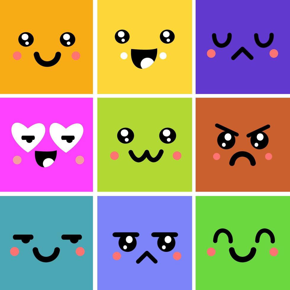 Set of funny  faces with emotions. Kawaii. Cartoon vector