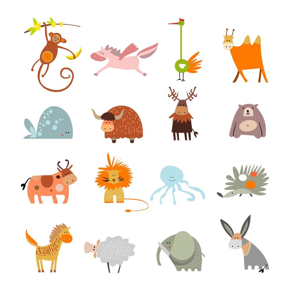 Big vector set of cartoon animals. Mammals, birds, fishes