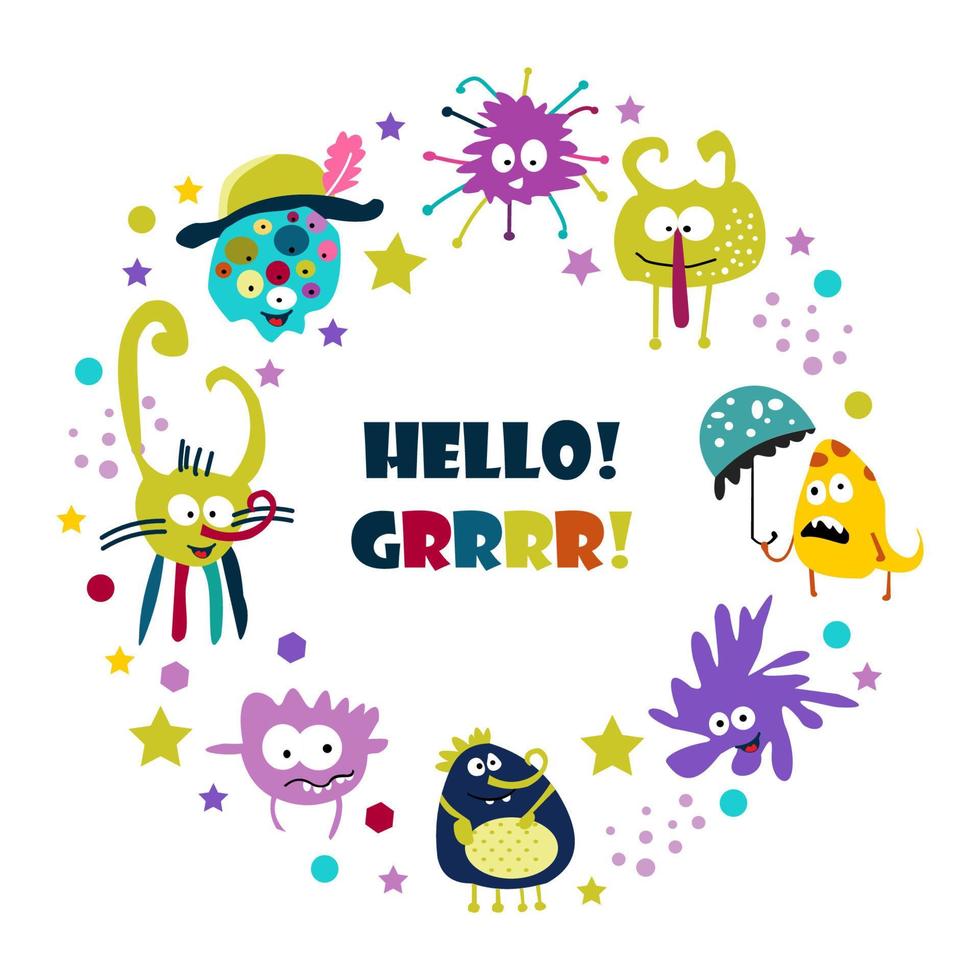 cute monsters collection. Doodle circle set. Card vector