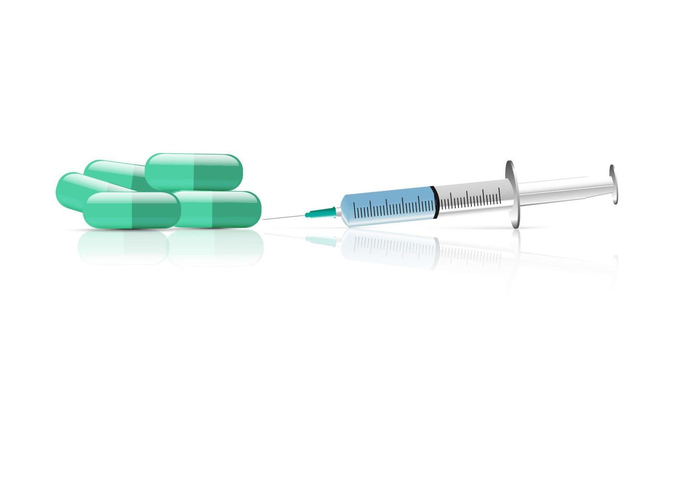 Medical green capsule with Syringe isolated white background vector illustration copy space