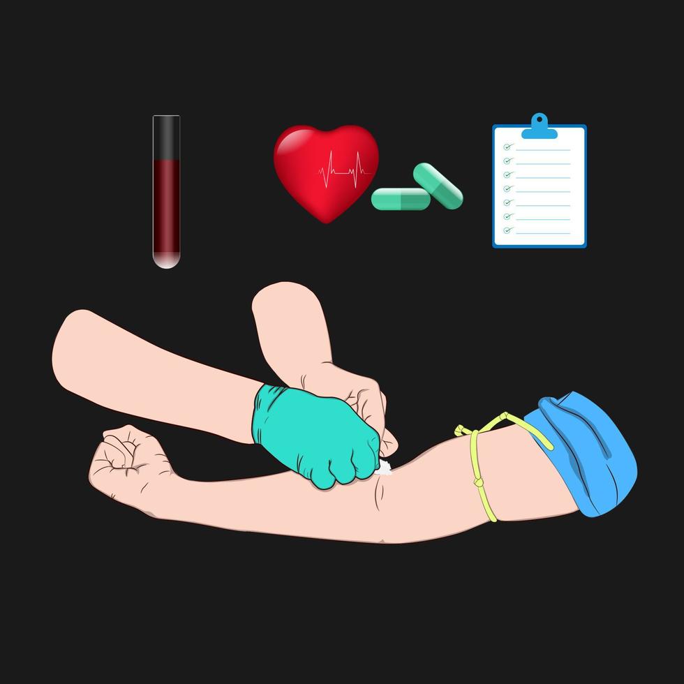 drawing image a doctor using Cotton swab to clean the arms before a needle to draw blood from an investigator To check the body vector