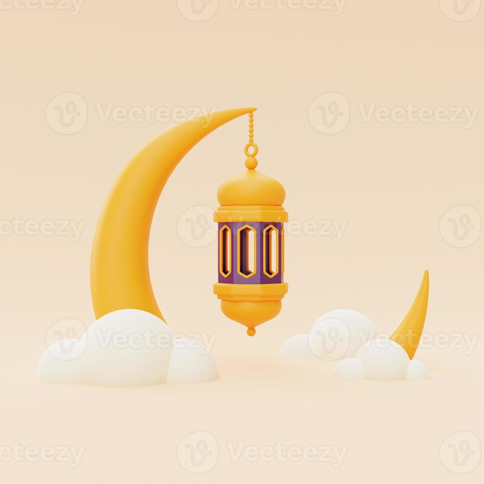 Saludos de ramadán 3d con linterna y luna creciente, fiesta islámica, raya hari, eid al adha, representación 3d. foto