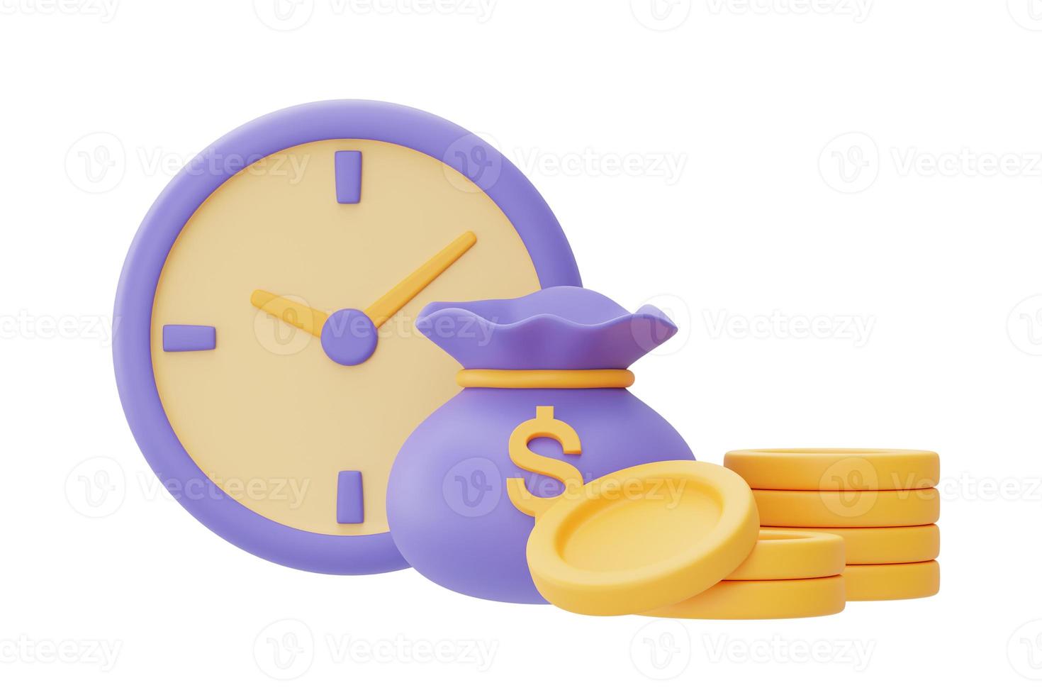 valor temporal del concepto de dinero con pilas de reloj y monedas, gestión del tiempo, inversión a largo plazo, fecha límite de pago, representación 3d. foto