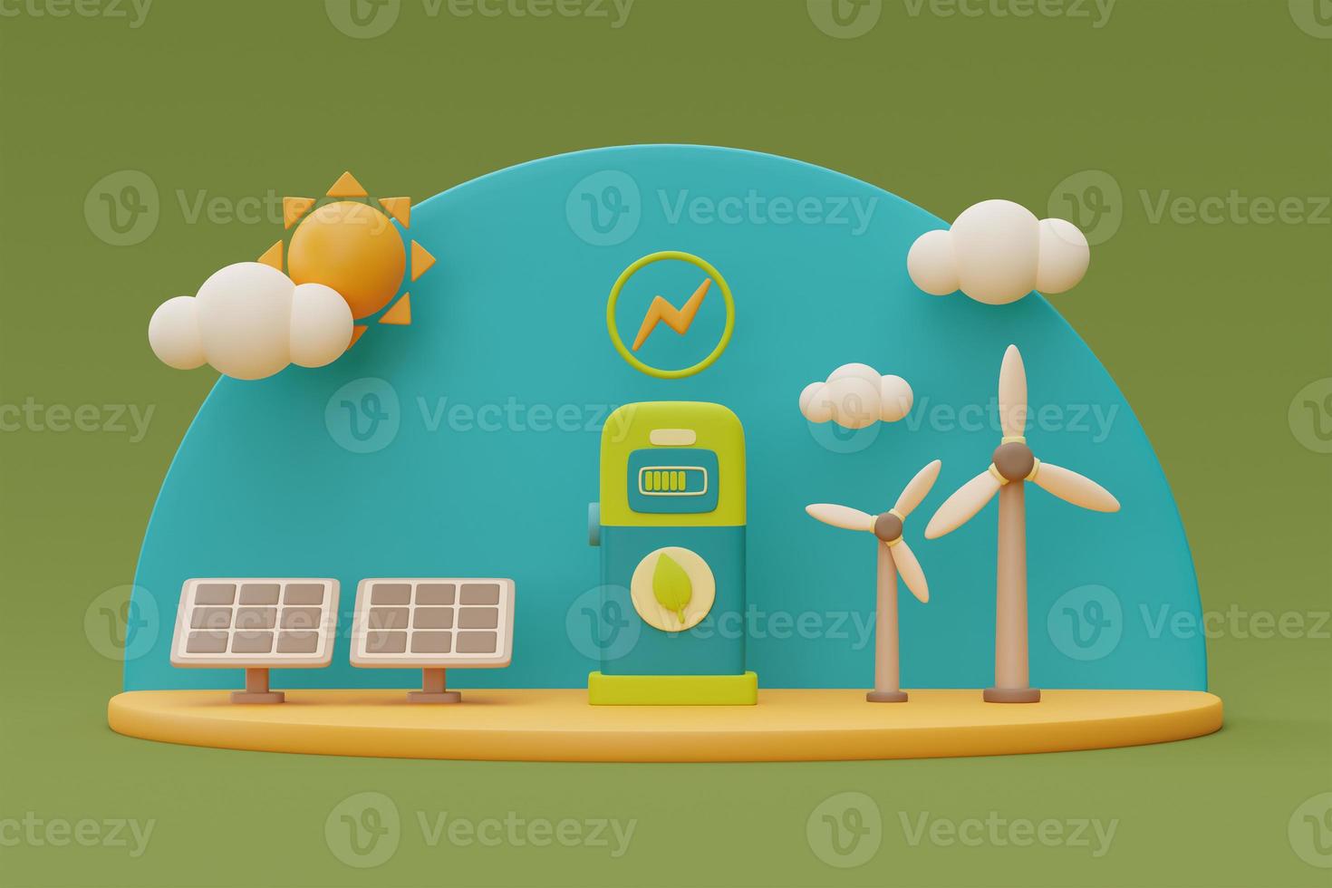 Alternative source of electricity concept,Electric car charging station with wind turbines and solar panels,eco friendly,clean energy,3d rendering. photo