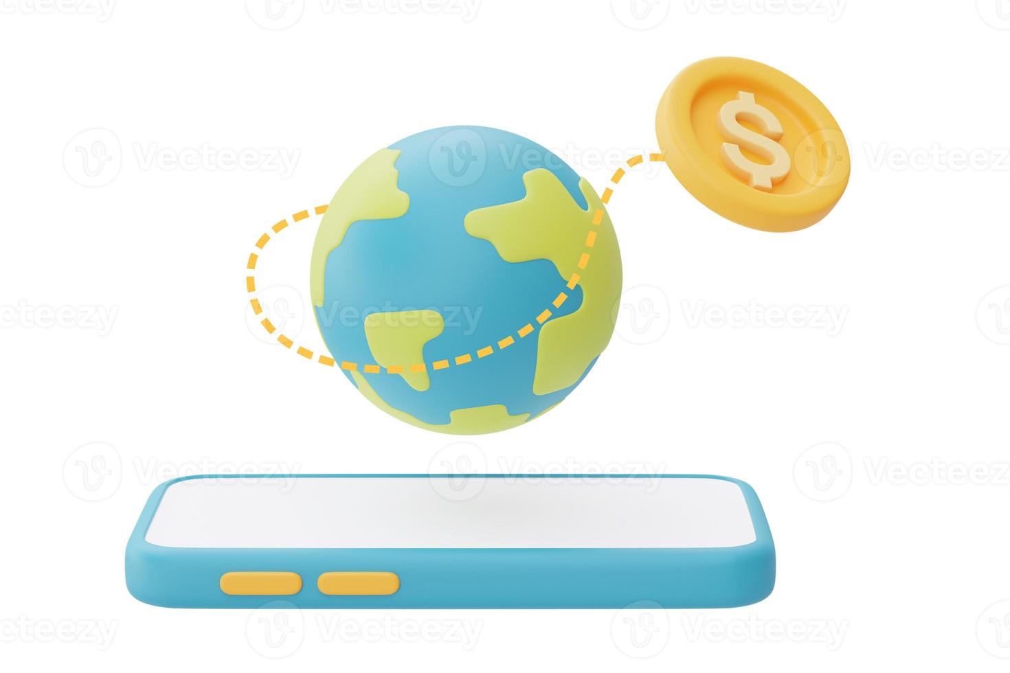 Financial Markets and Global Economy Concept,smartphone with globe and dollar coin,currency exchange rate increase statistic,3d rendering. photo
