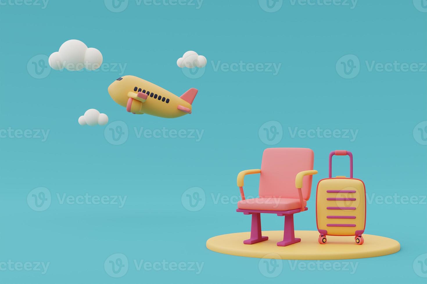 3d render of suitcases in airport terminal waiting area with airplane,Online travel and tourism planning concept. photo