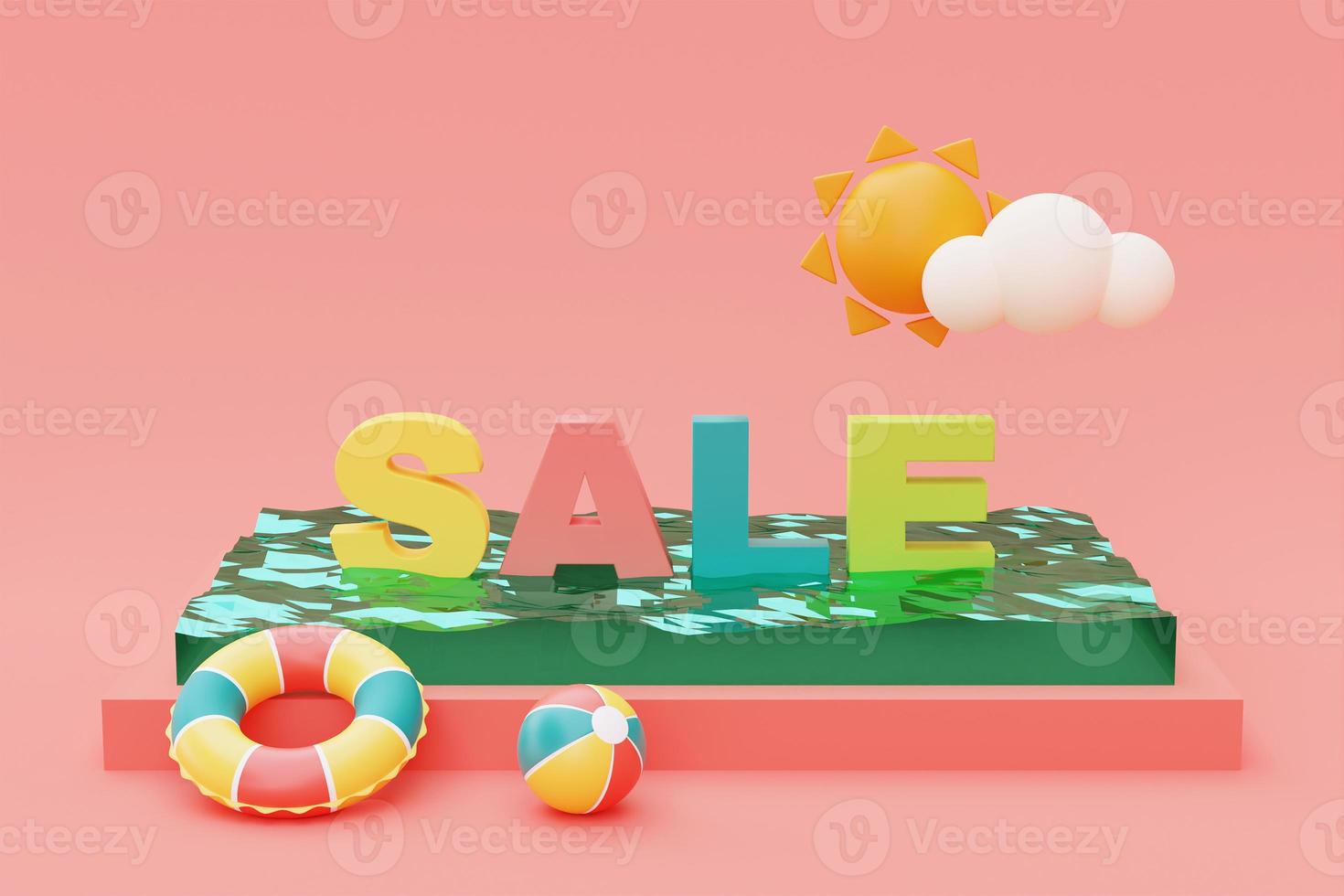 Summer swimming pool with colorful summer beach elements,3d rendering. photo