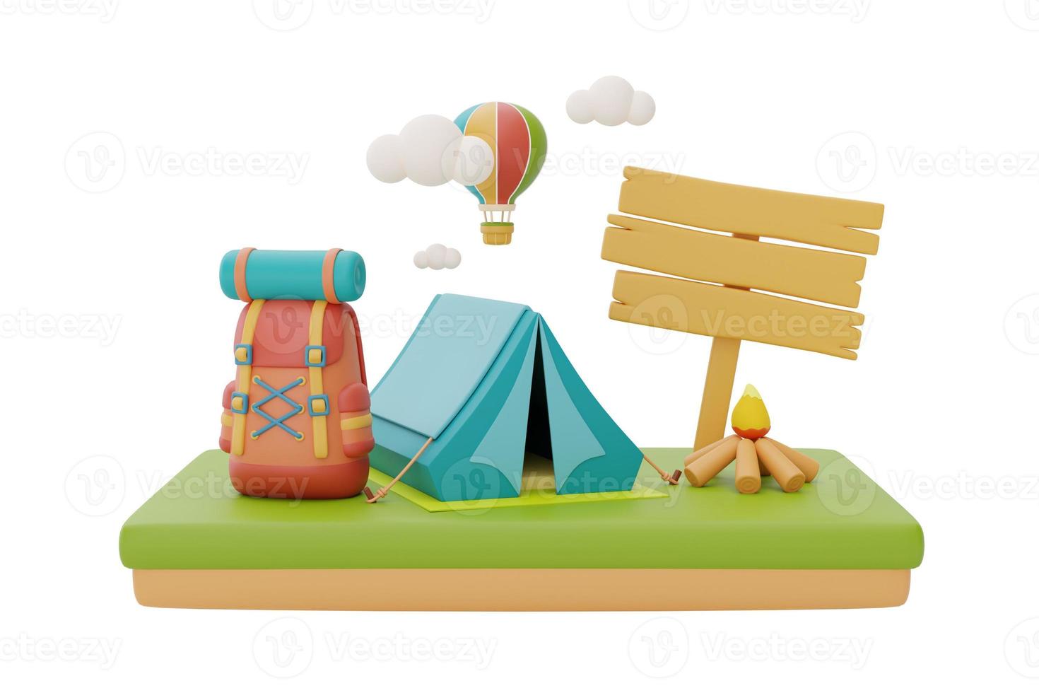 tienda de campaña turística y fogata con mochila y cartel de madera, concepto de campamento de verano, representación 3d. foto