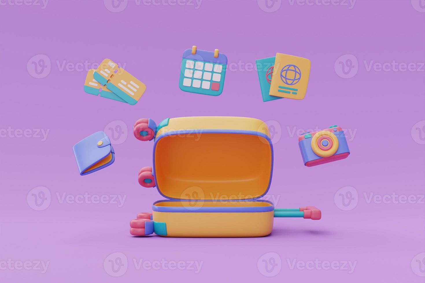 Opened yellow suitcase with wallet,tickets,calendar,passport,camera.Tourism and travel plan to trip,holiday vacation,3d rendering photo