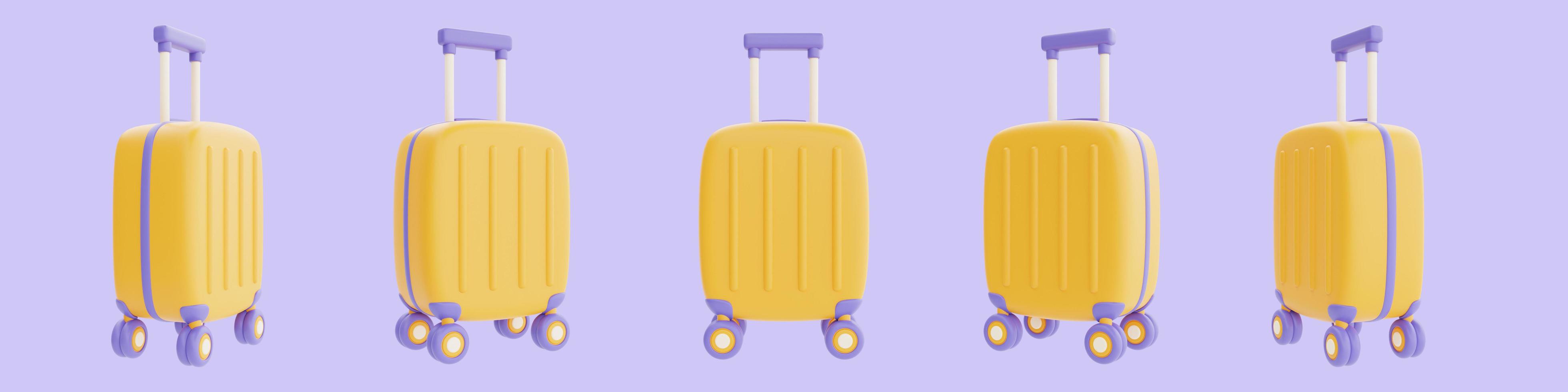 conjunto de maleta amarilla aislada sobre fondo púrpura, turismo y viajes, renderizado 3d foto