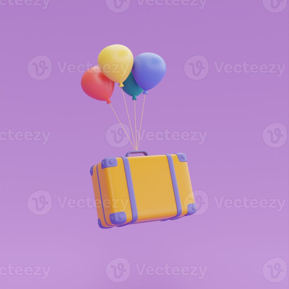 Suitcase with colorful balloons float isolated on purple background,Tourism and travel sale concept,holiday vacation,Time to travel,3d rendering photo