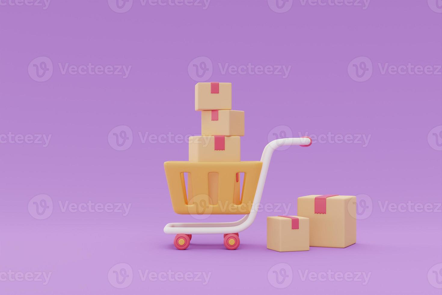 Shopping cart with parcel boxes, Flash sale promotions concept on purple background, 3d rendering. photo