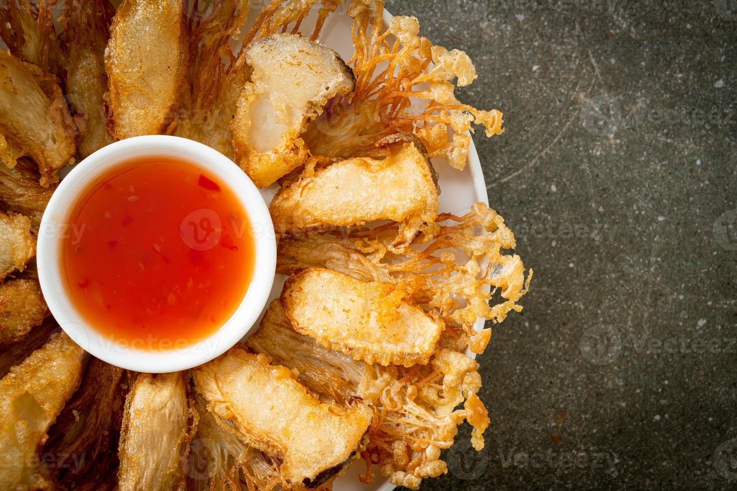 deep fried Enoki mushroom and King Oyster mushroom with spicy dipping sauce photo