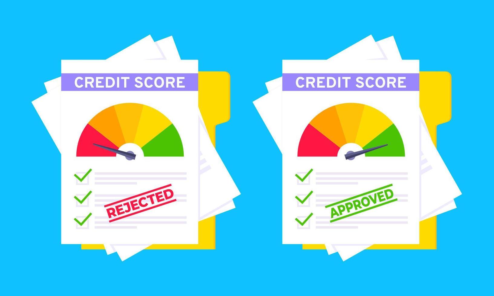 Rejected and approved credit score gauge speedometer indicator color levels on paper sheets set. Measurement from poor to excellent rating for credit or mortgage loans flat style vector illustration.