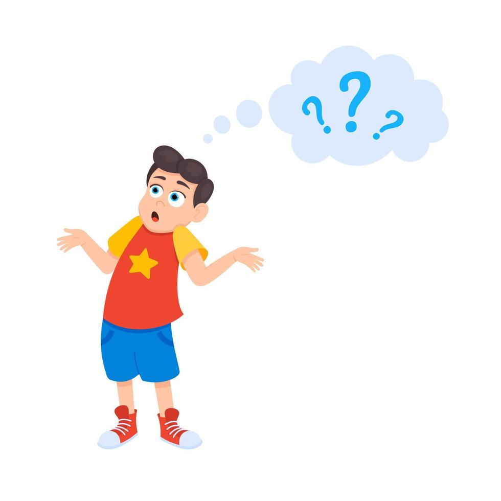 Little doubt boy kid asking question flat style design vector illustration isolated on white background.