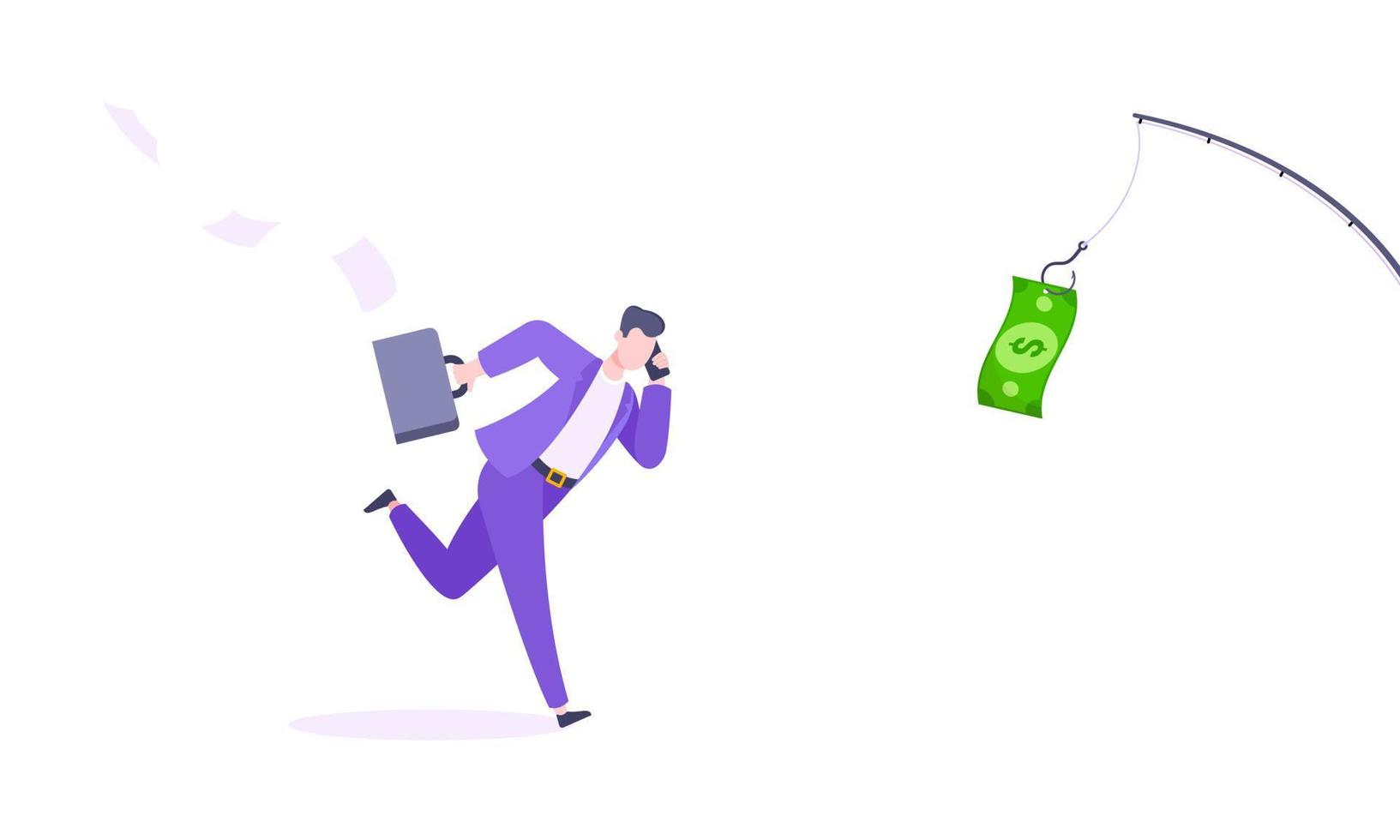 Money chase business concept with businessman running after dangling dollar and trying to catch it. vector